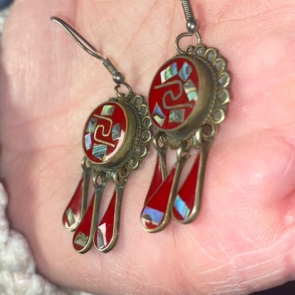Vintage Signed ALPACA MEXICO Red Round w/Abalone Inlay Earrings Teardrop Dangles - Picture 6 of 10